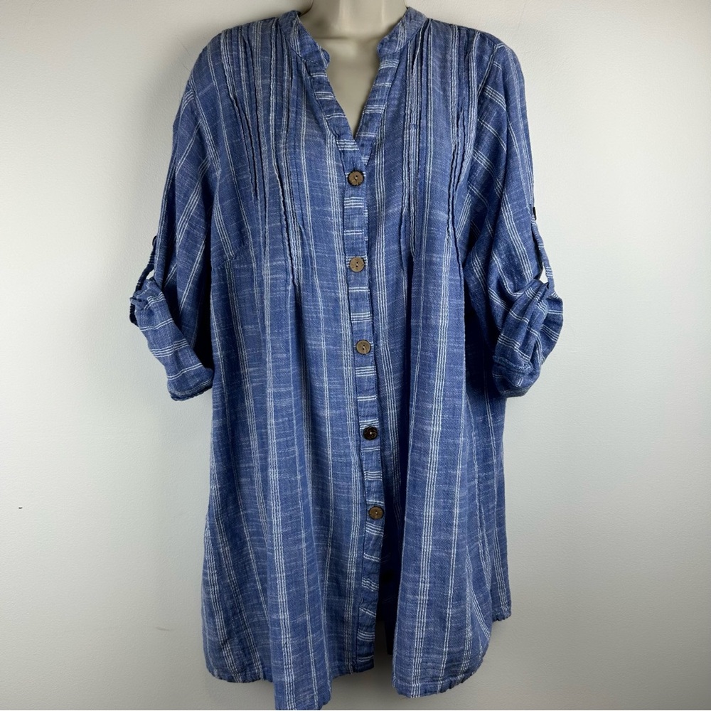 Club Z Collection Soft Cotton Blue Button Down Tunic sz 2X Nautical Beachy